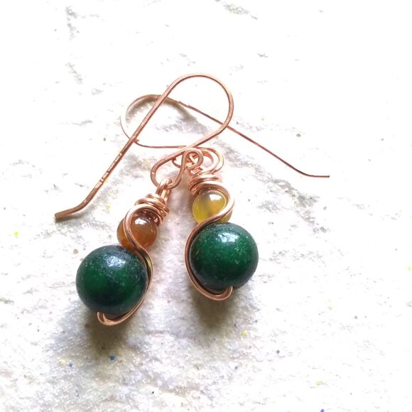 Hunting Woman's Earrings: Green Stone, Autumn Agate & Copper ~ Forest Magic - Picture 1 of 12